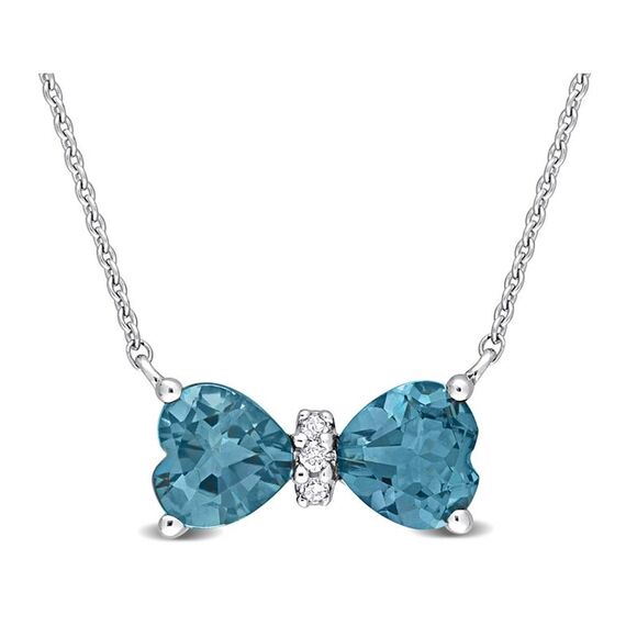 1.00 Carat (ctw) London Blue Heart Bow Necklace 10K White Gold with C